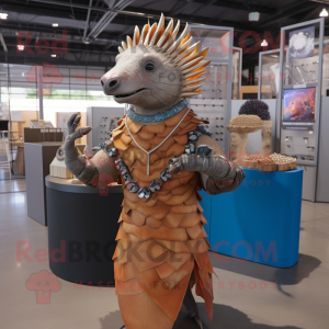 Rust Armadillo mascot costume character dressed with a Sheath Dress and Necklaces