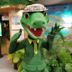 Forest Green Dimorphodon mascot costume character dressed with a Poplin Shirt and Headbands
