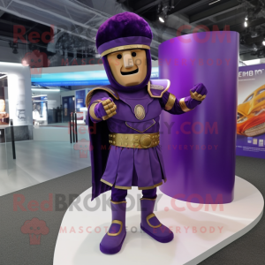 Purple Roman Soldier mascot costume character dressed with a Suit Jacket and Rings