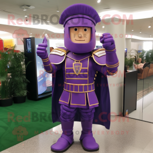 Purple Roman Soldier mascot costume character dressed with a Suit Jacket and Rings