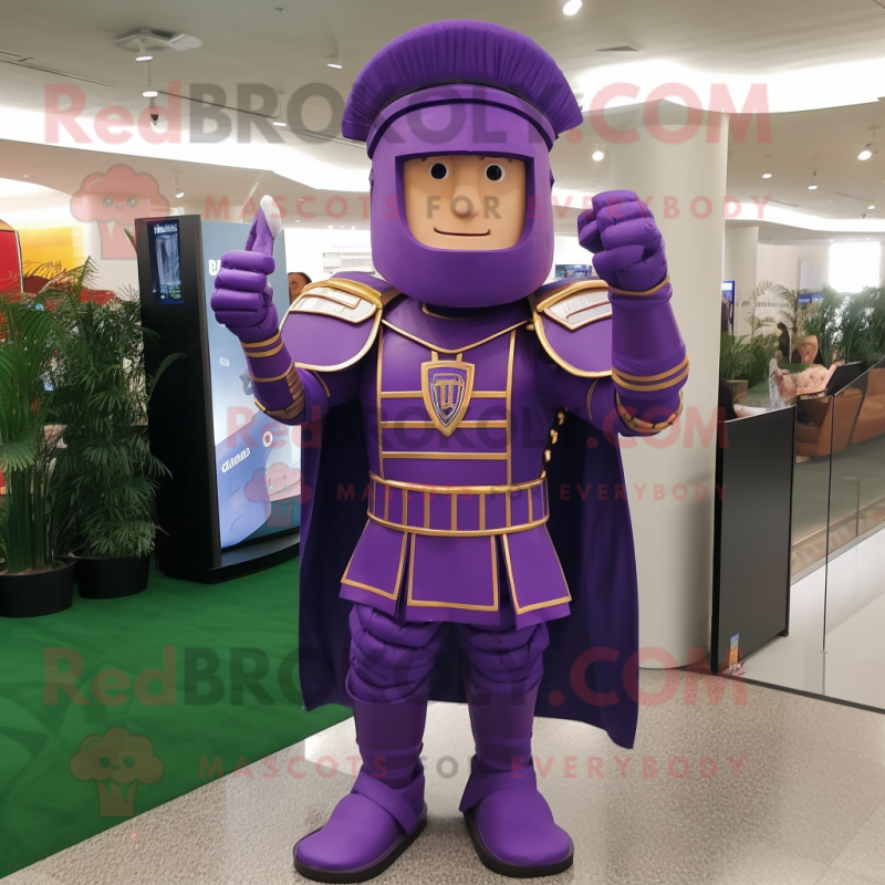 Purple Roman Soldier mascot costume character dressed with a Suit Jacket and Rings Purple Roman Soldier mascot costume character dressed with a Suit Jacket and Rings