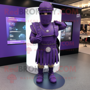Purple Roman Soldier mascot costume character dressed with a Suit Jacket and Rings