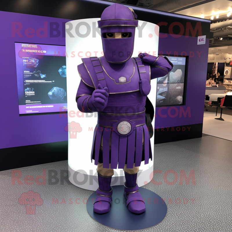 Purple Roman Soldier mascot costume character dressed with a Suit Jacket and Rings Purple Roman Soldier mascot costume character dressed with a Suit Jacket and Rings