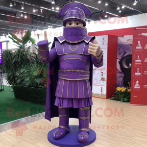 Purple Roman Soldier mascot costume character dressed with a Suit Jacket and Rings