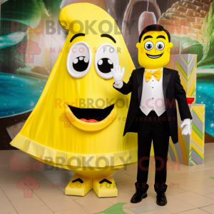 Lemon Yellow Enchiladas mascot costume character dressed with a Tuxedo and Bow ties