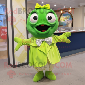 Lime Green Fish And Chips mascot costume character dressed with a Ball Gown and Bow ties