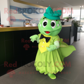 Lime Green Fish And Chips mascot costume character dressed with a Ball Gown and Bow ties