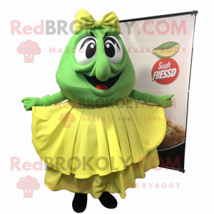 Lime Green Fish And Chips mascot costume character dressed with a Ball Gown and Bow ties