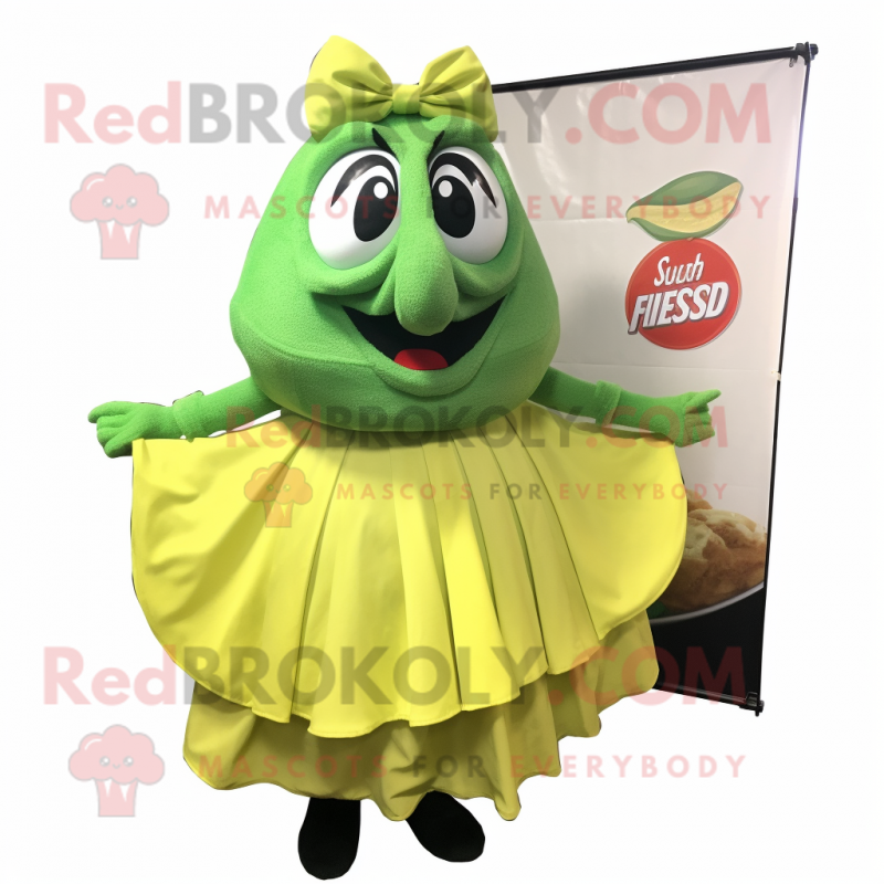 Lime Green Fish And Chips mascot costume character dressed with a Ball Gown and Bow ties Lime Green Fish And Chips mascot costume character dressed with a Ball Gown and Bow ties