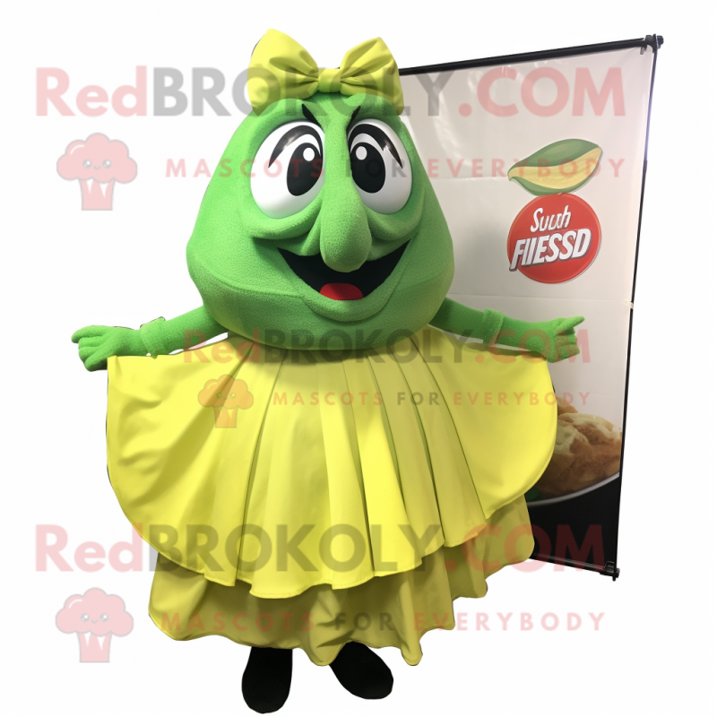 Lime Green Fish And Chips mascot costume character dressed with a Ball Gown and Bow ties