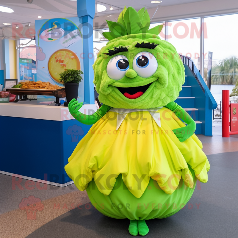 Lime Green Fish And Chips mascot costume character dressed with a Ball Gown and Bow ties