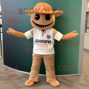 Tan Starfish mascot costume character dressed with a Polo Shirt and Bracelet watches