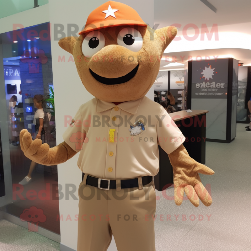 Tan Starfish mascot costume character dressed with a Polo Shirt and Bracelet watches