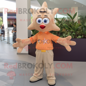 Tan Starfish mascot costume character dressed with a Polo Shirt and Bracelet watches
