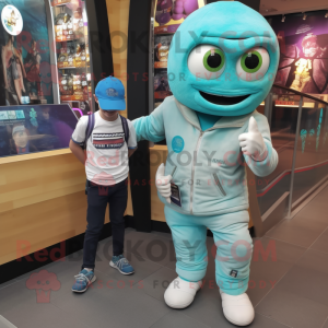 Turquoise Mummy mascot costume character dressed with a Bomber Jacket and Watches