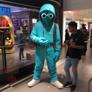 Turquoise Mummy mascot costume character dressed with a Bomber Jacket and Watches