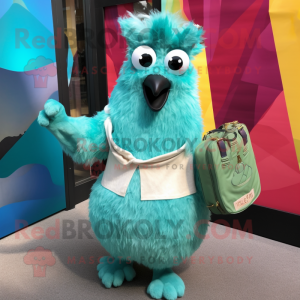 Teal Llama mascot costume character dressed with a Tank Top and Clutch bags