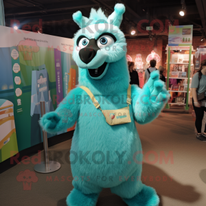 Teal Llama mascot costume character dressed with a Tank Top and Clutch bags