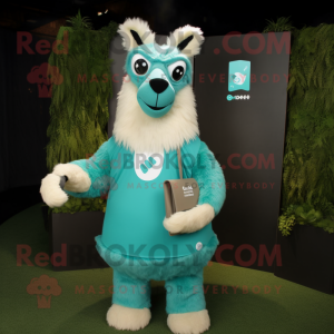 Teal Llama mascot costume character dressed with a Tank Top and Clutch bags