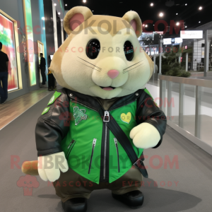 Green Hamster mascot costume character dressed with a Biker Jacket and Tote bags