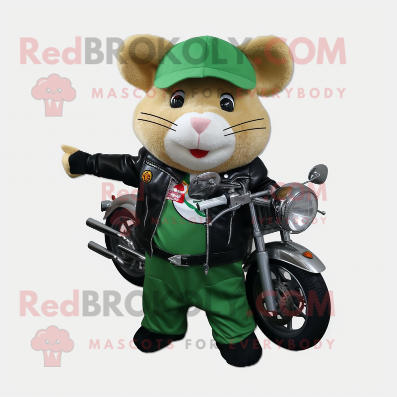 Green Hamster mascot costume character dressed with a Biker Jacket and Tote bags