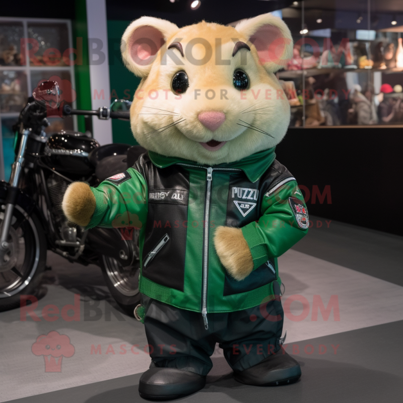 Green Hamster mascot costume character dressed with a Biker Jacket and Tote bags