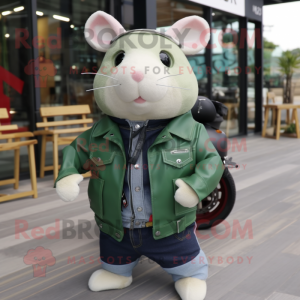 Green Hamster mascot costume character dressed with a Biker Jacket and Tote bags