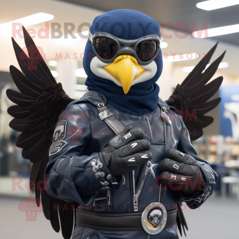 Navy Hawk mascot costume character dressed with a Biker Jacket and Bracelets