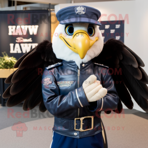 Navy Hawk mascot costume character dressed with a Biker Jacket and Bracelets