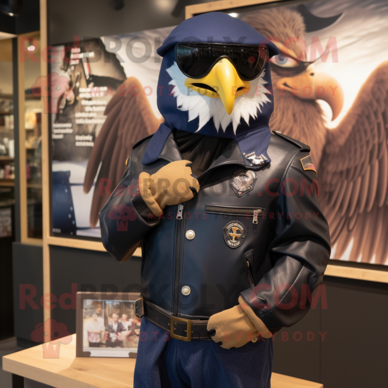 Navy Hawk mascot costume character dressed with a Biker Jacket and Bracelets