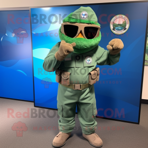 Blue Green Beret mascot costume character dressed with a Jumpsuit and Shoe laces