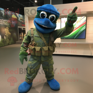 Blue Green Beret mascot costume character dressed with a Jumpsuit and Shoe laces