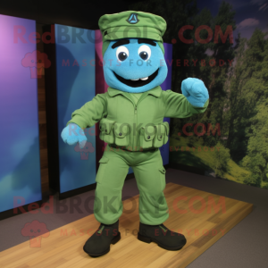 Blue Green Beret mascot costume character dressed with a Jumpsuit and Shoe laces