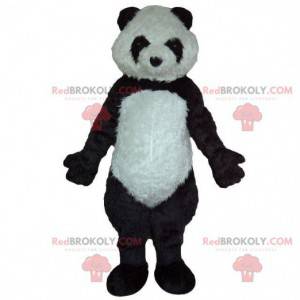 Black and white panda mascot, soft and hairy, bear costume -