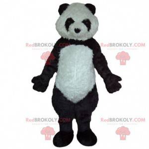 Maskot černobílý panda, měkký a chlupatý, kostým medvěda -