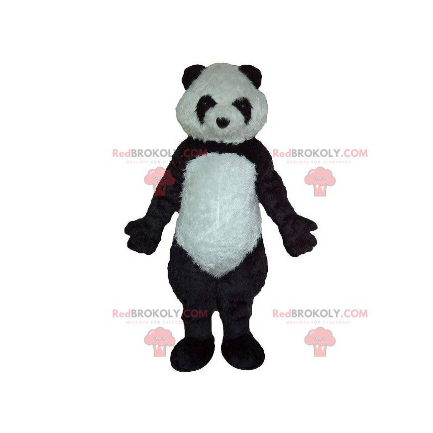 Black and white panda mascot, soft and hairy, bear costume -