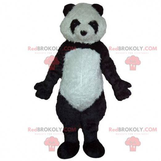 Black and white panda mascot, soft and hairy, bear costume -