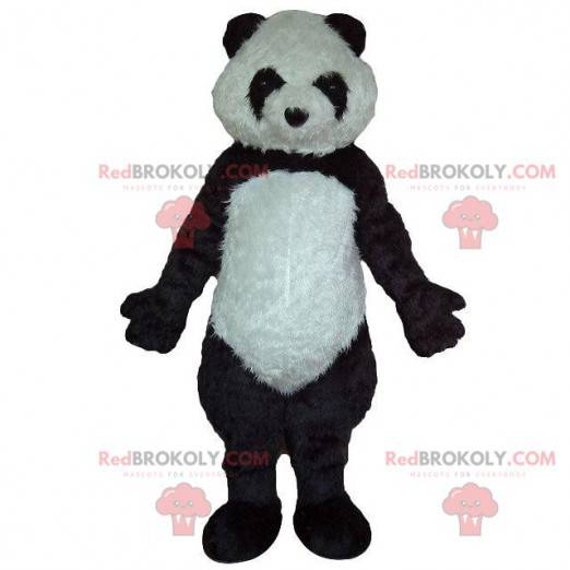 Czarno-biała maskotka panda, miękka i włochata, kostium