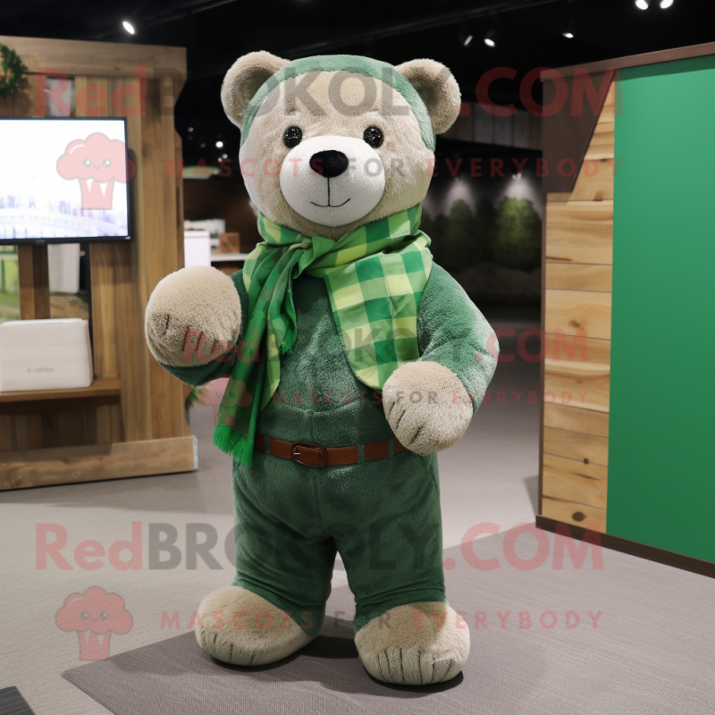 Green Teddy Bear mascot costume character dressed with a Flannel Shirt and Shawls Green Teddy Bear mascot costume character dressed with a Flannel Shirt and Shawls