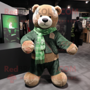 Green Teddy Bear mascot costume character dressed with a Flannel Shirt and Shawls