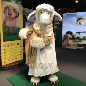 Cream Merino Sheep mascot costume character dressed with a Maxi Dress and Scarves