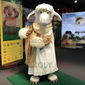 Cream Merino Sheep mascot costume character dressed with a Maxi Dress and Scarves