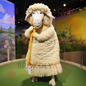 Cream Merino Sheep mascot costume character dressed with a Maxi Dress and Scarves