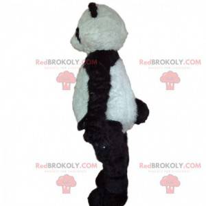 Svart og hvit panda maskot, myk og hårete, bjørnekostyme -