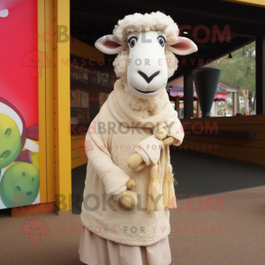 Cream Merino Sheep mascot costume character dressed with a Maxi Dress and Scarves