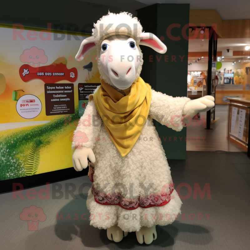 Cream Merino Sheep mascot costume character dressed with a Maxi Dress and Scarves Cream Merino Sheep mascot costume character dressed with a Maxi Dress and Scarves