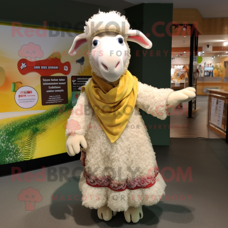 Cream Merino Sheep mascot costume character dressed with a Maxi Dress and Scarves