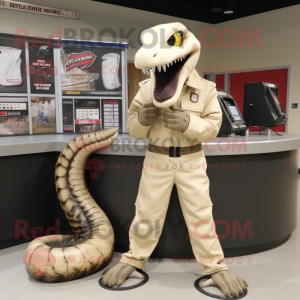 Beige Titanoboa mascot costume character dressed with a Moto Jacket and Shoe clips