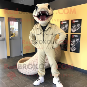 Beige Titanoboa mascot costume character dressed with a Moto Jacket and Shoe clips