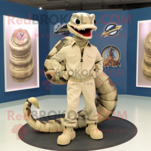 Beige Titanoboa mascot costume character dressed with a Moto Jacket and Shoe clips